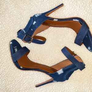 A pair of Jean/Denim Scrappy Shoe Republic LA Heels